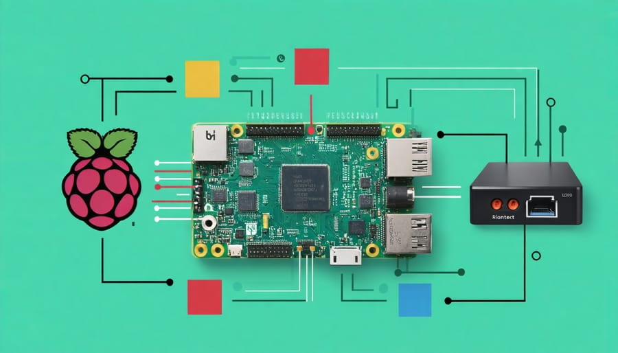 Conceptual diagram of a Raspberry Pi-based DNS sinkhole blocking ads, trackers, and malicious domains