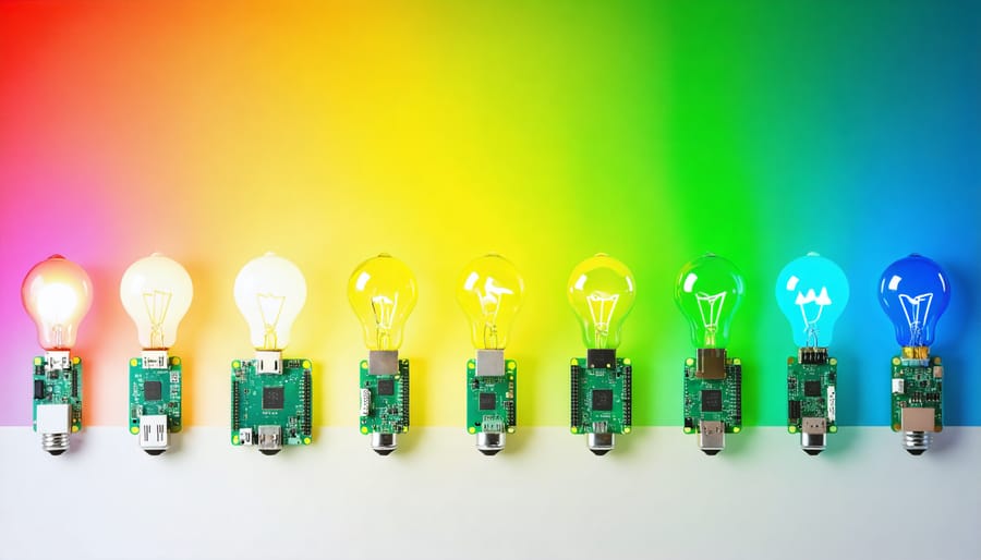 "Conceptual image illustrating different Raspberry Pi models transitioning from lower to higher power consumption, represented by light bulbs and digital power readouts, emphasizing energy efficiency."