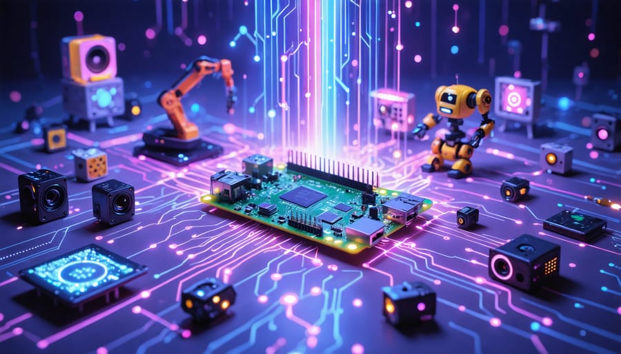 A creative portrayal of a Raspberry Pi encircled by diverse force sensors, connected by energy lines, symbolizing integration and innovative applications in robotics and art.