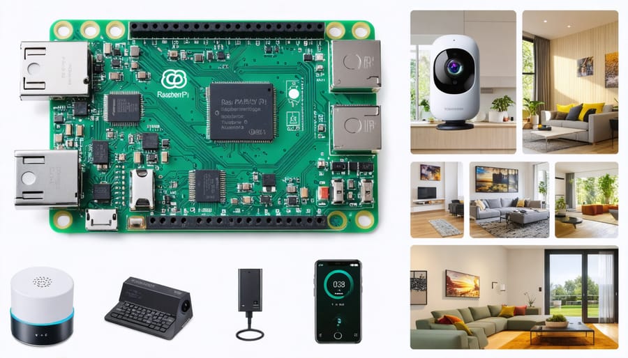 A collage of different Raspberry Pi home automation projects, including smart lighting, security setup, and temperature control, showcasing the range of possibilities in a modern home environment.