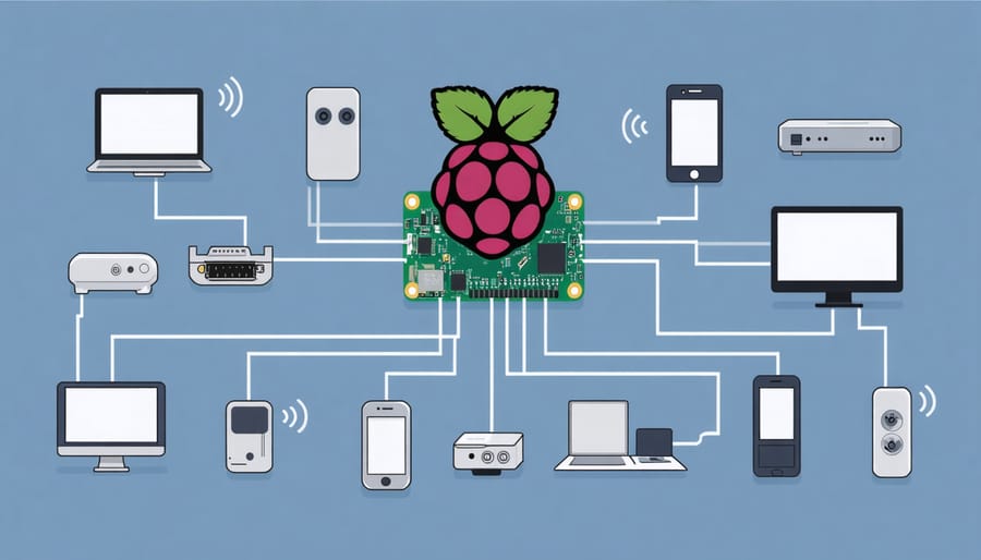 Conceptual illustration of a Raspberry Pi server in a home network environment