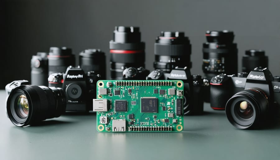 A Raspberry Pi High Quality Camera connected to a Raspberry Pi board surrounded by various interchangeable camera lenses, set against a studio-like background.