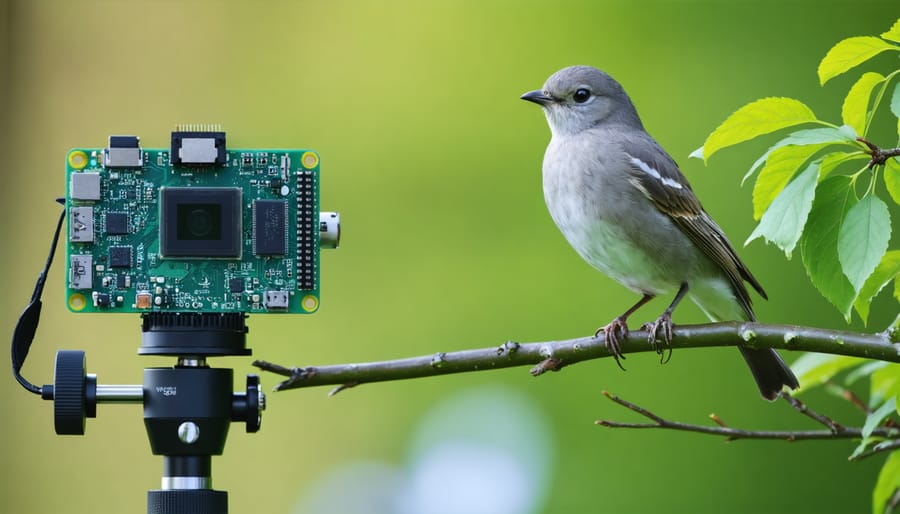 Raspberry Pi HQ Camera with telephoto lens capturing a bird in nature