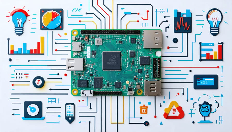 Conceptual illustration of a Raspberry Pi with abstract representations of temperature, voltage, and fan speed monitoring components, symbolizing the setup of lm-sensors for system health tracking.