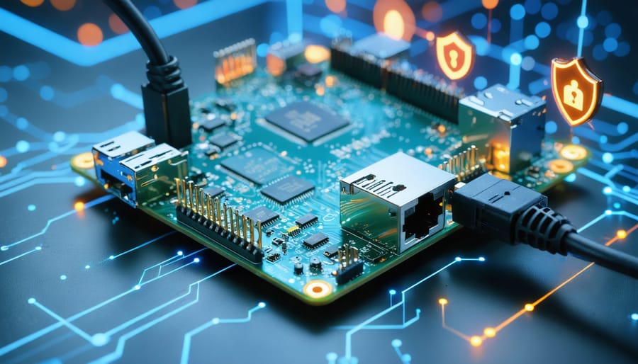 Illustration of a Raspberry Pi connected to a network with glowing data lines and cybersecurity symbols, symbolizing its role as a network security monitor.