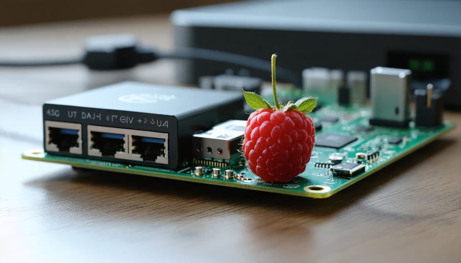 Raspberry Pi single-board computer connected to an external hard drive for network storage purposes