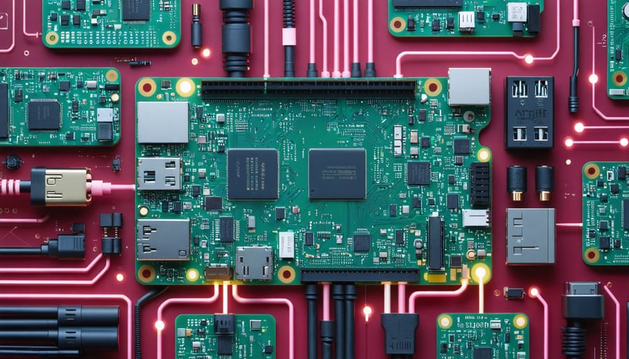 Conceptual image illustrating various Raspberry Pi boards integrated with digital network elements, symbolizing its multifaceted role in home networking projects.