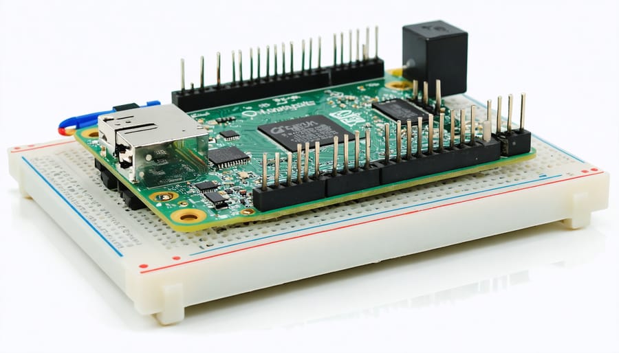 Raspberry Pi and electronic components on a breadboard, representing the hardware setup for an OpenAI project