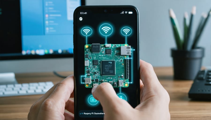 Smartphone showing a control interface for a Raspberry Pi, surrounded by WiFi symbols and Raspberry Pi board illustrating remote connectivity and interaction.