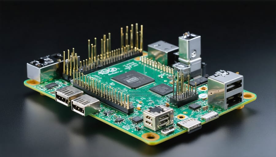 A Raspberry Pi board surrounded by icons representing its diverse applications in industrial automation, IoT, and home projects, emphasizing its role as a versatile embedded system.