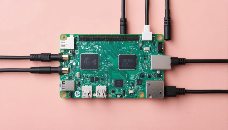 A creative illustration of a Raspberry Pi functioning as a router, with network cables connecting to multiple devices, symbolizing cost savings, flexibility, and educational benefits.