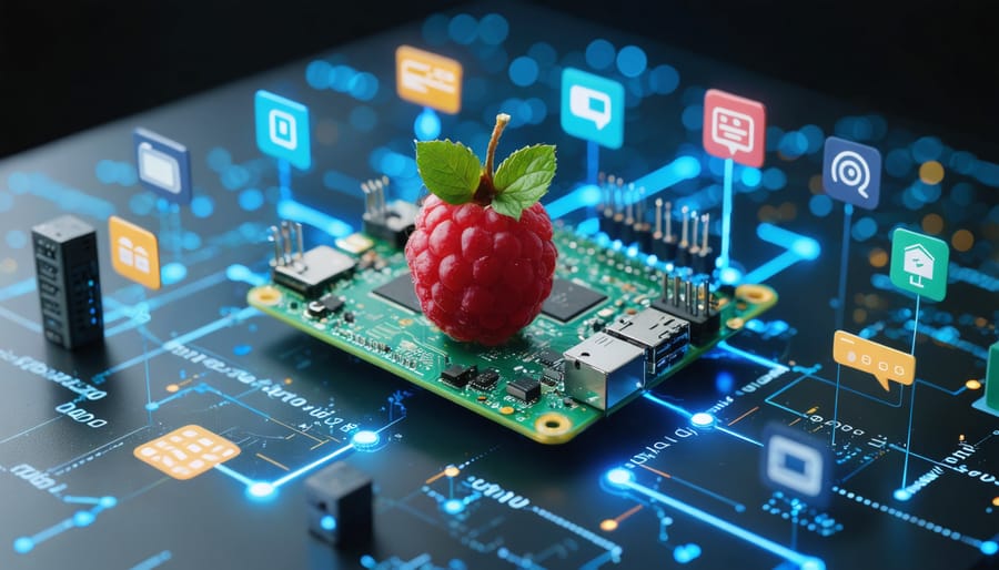 Conceptual illustration of a Raspberry Pi transforming into a versatile server, with icons representing web hosting, file storage, and media streaming interconnected around it.