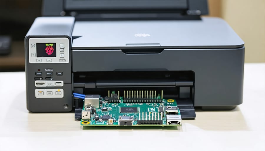 Raspberry Pi acting as a network print server, connected to a printer