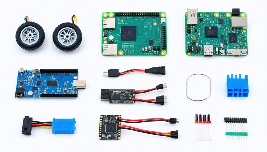 Essential hardware components laid out for Raspberry Pi robot building