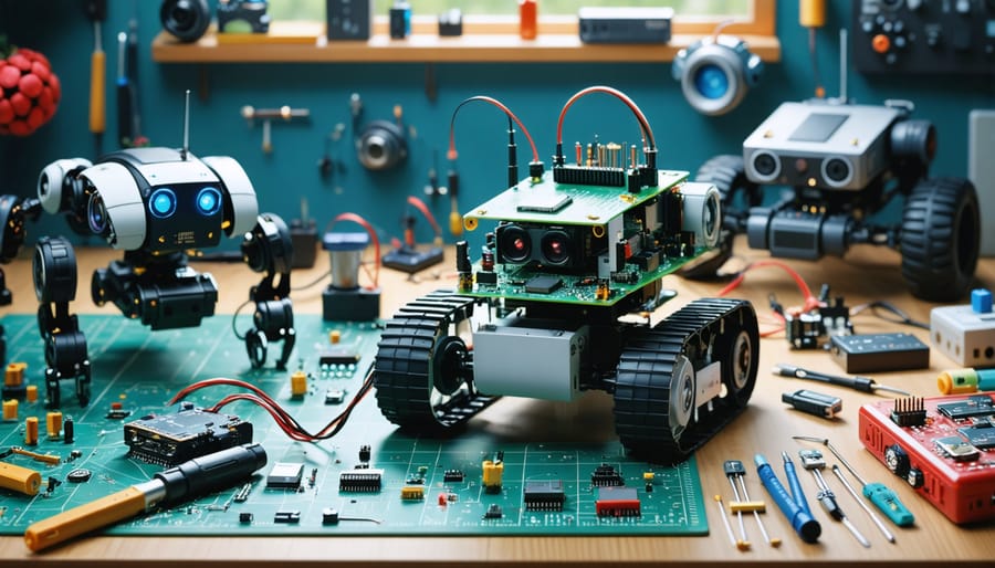 An array of Raspberry Pi robots on a workbench, displaying line-following, obstacle-avoiding, and remote-controlled capabilities, surrounded by electronic components and tools.