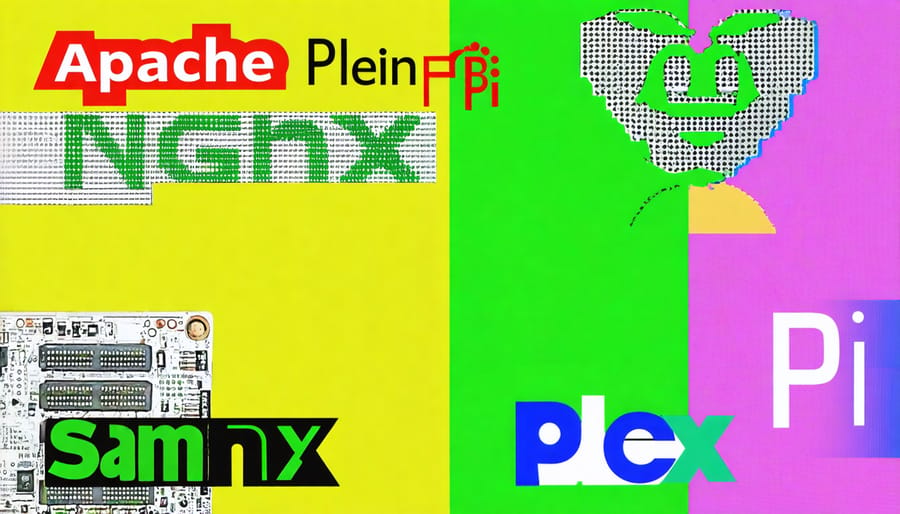 Logos of server software options for Raspberry Pi, including Apache, Nginx, Samba, and Plex