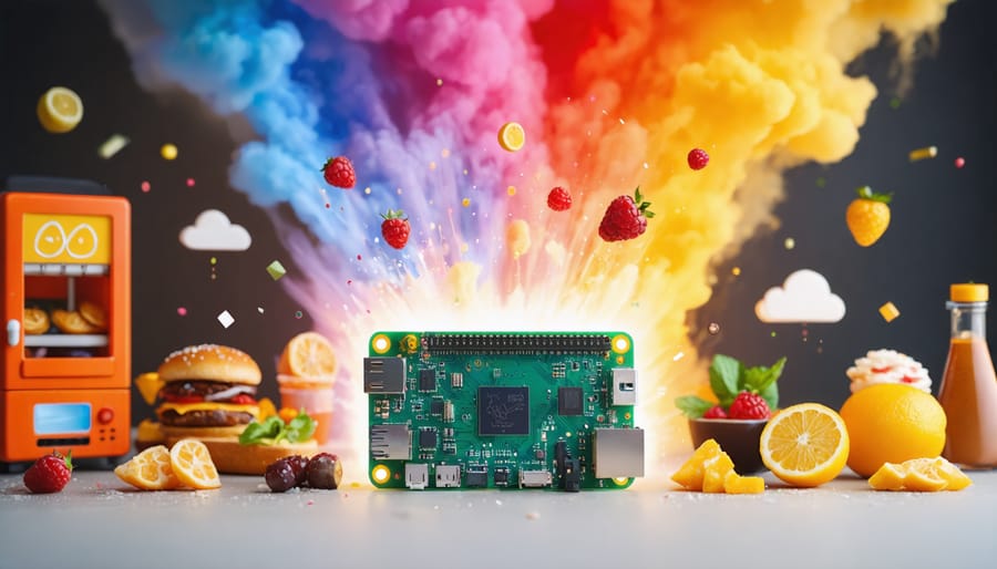 A Raspberry Pi board surrounded by illustrations of a weather station, media server, and snack machine, highlighting the fusion of technology and culinary projects.