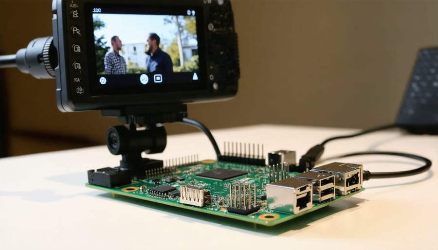 Raspberry Pi setup with camera module and necessary components for video encoding