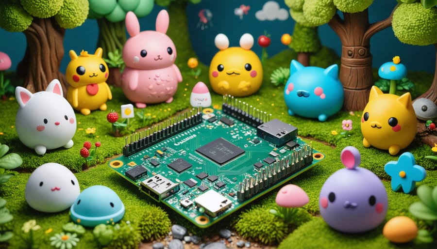 A Raspberry Pi surrounded by digital pet elements, showcasing the blend of technology and creativity in creating a virtual pet.