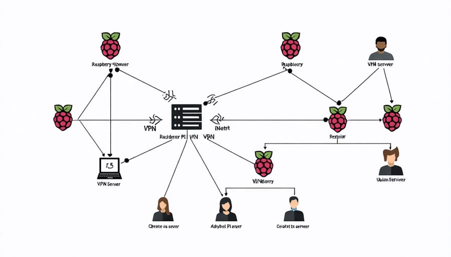 Conceptual diagram of a Raspberry Pi VPN server network setup with connected clients