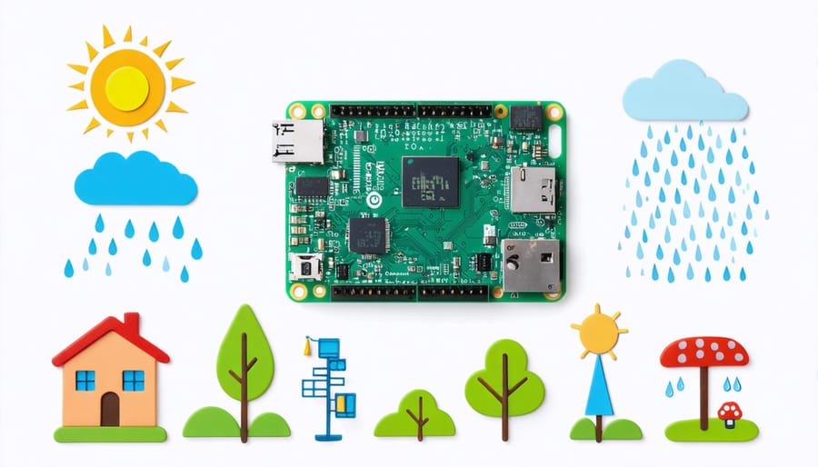 A Raspberry Pi surrounded by weather sensors like a temperature sensor, anemometer, and rain gauge, representing the DIY creation of a weather station.