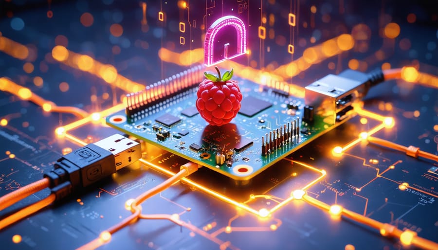 Artistic representation of a Raspberry Pi surrounded by network cables and a lock icon, symbolizing the enhancement of home Wi-Fi security using network protection tools.