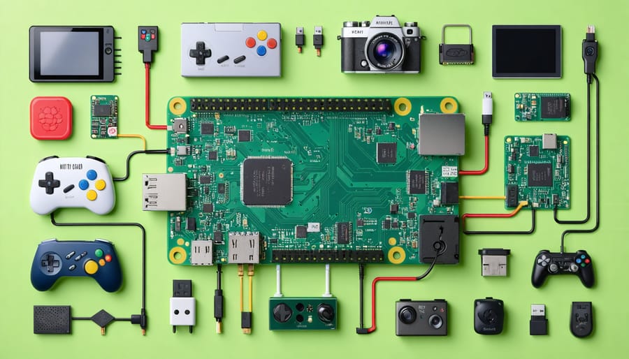 An illustration of a Raspberry Pi Zero surrounded by icons of different beginner-friendly projects, including a gaming console, camera, picture frame, and web server, representing the device's diverse applications.