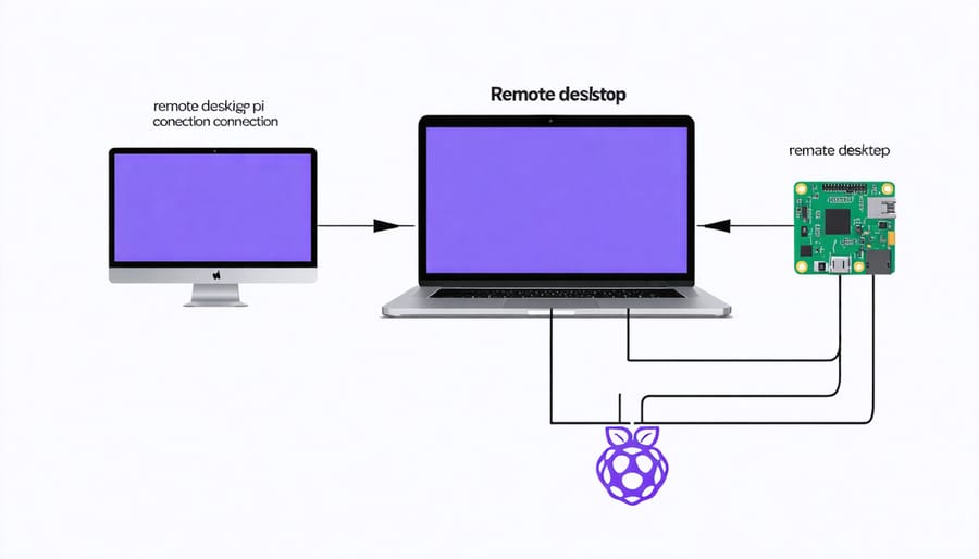 Conceptual diagram illustrating a remote desktop connection from a laptop to a Raspberry Pi