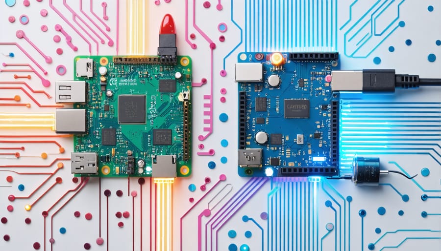 Illustration of Raspberry Pi and Arduino connected via USB cable, symbolizing their communication and collaboration in powerful projects.