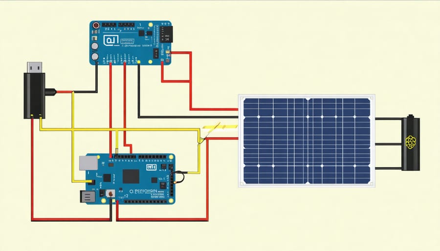 Schematic illustration of wiring for a solar-powered Raspberry Pi Zero