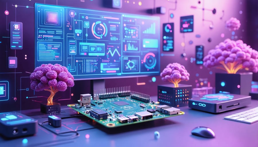 Artistic representation of a sophisticated, personalized Raspberry Pi setup embodying the concepts of optimization, customization, and efficient workflow management.