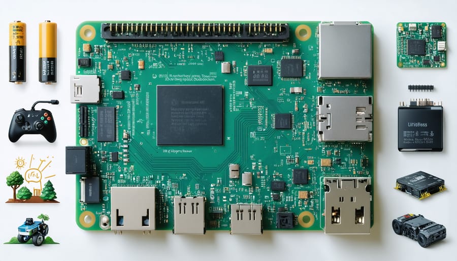 A Raspberry Pi board surrounded by various battery types, showcasing potential projects like a gaming console, weather station, and robotics, emphasizing the versatility and portability of battery-powered Raspberry Pi setups.