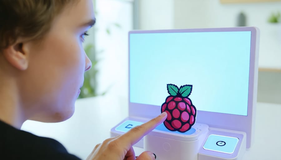 User interacting with a virtual pet through a physical button interface connected to a Raspberry Pi