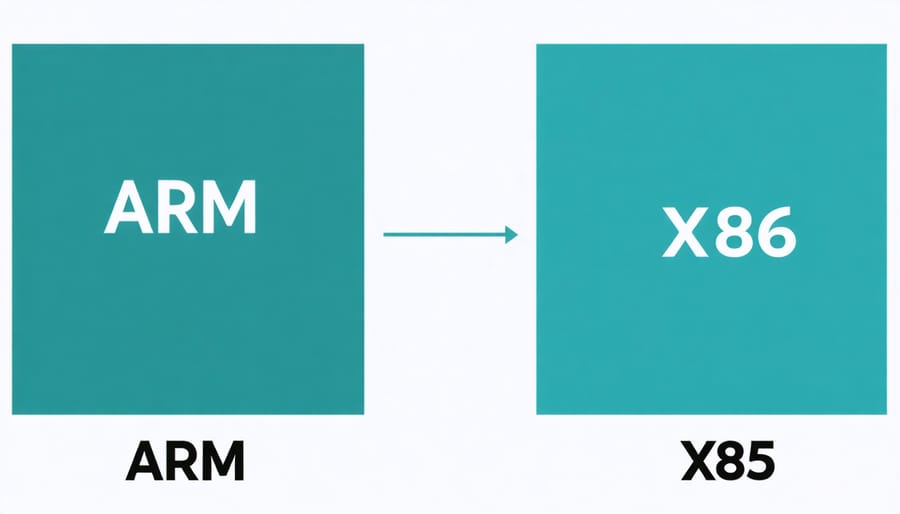 Architectural diagram comparing ARM and x86 processor designs showing key structural differences