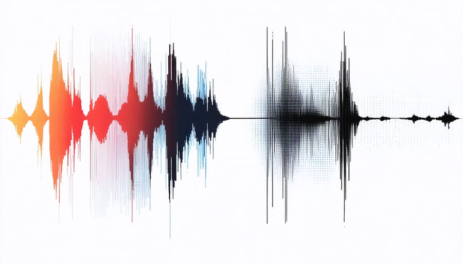 Side-by-side comparison of clean and noisy audio waveforms with highlighting of interference patterns