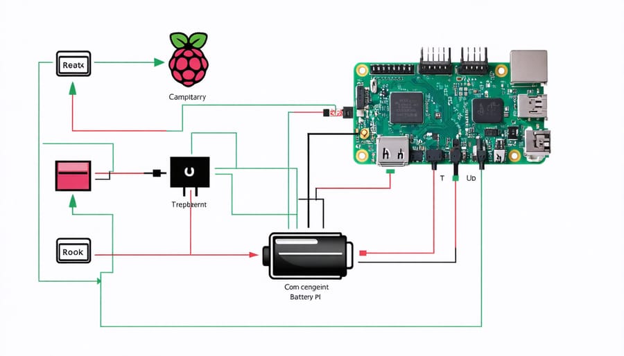 Schematic diagram illustrating BMS components including voltage sensors, temperature monitors, and Raspberry Pi connections