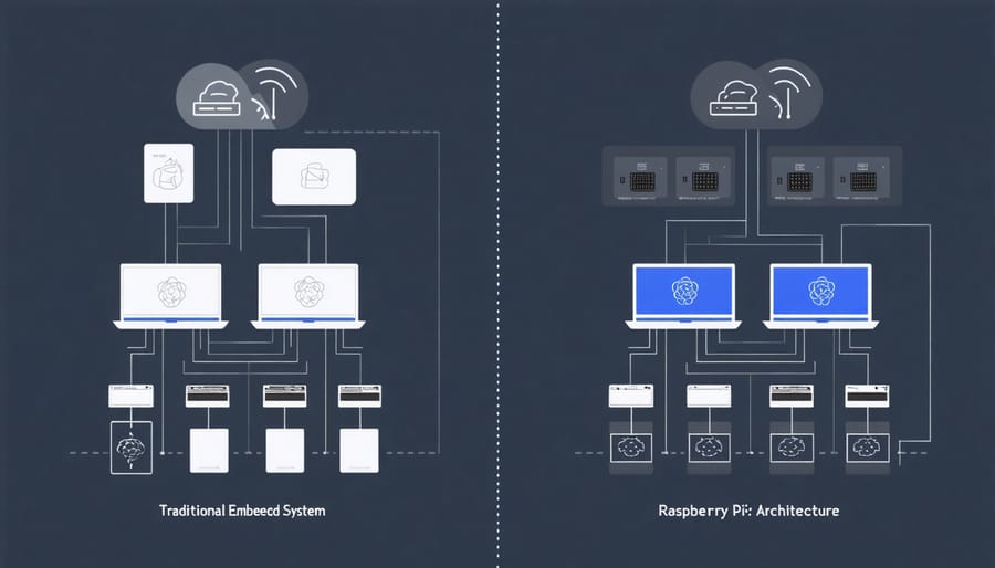 Comparison diagram illustrating differences between traditional embedded systems and Raspberry Pi components