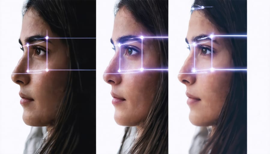 Four-panel image showing face recognition system detecting faces in different lighting conditions