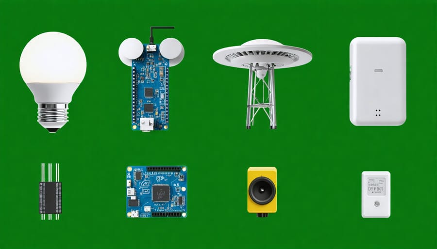 Various greenhouse sensors arranged to show size and connection ports