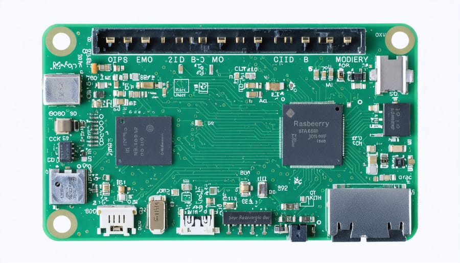 First generation Raspberry Pi Model B single-board computer showing the ARM processor, USB ports, and GPIO pins