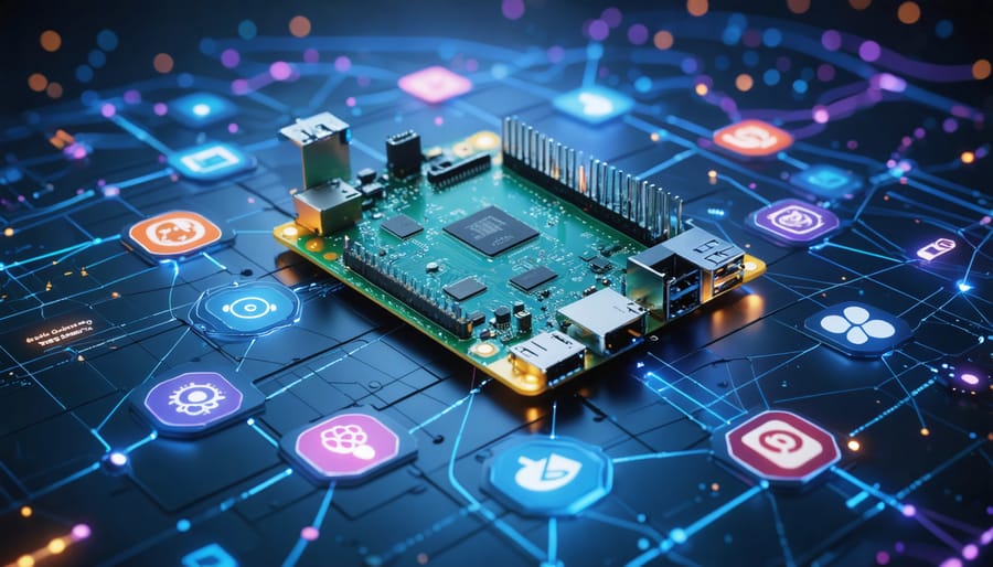 Conceptual image of a Raspberry Pi 4 board encircled by icons of different operating systems, symbolizing the board's versatility for projects ranging from media centers to retro gaming consoles.