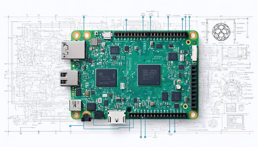 A creative collage illustrating the expected features of Raspberry Pi 5, including a high-performance processor, dual 4K displays, and PCIe support, set in a futuristic design with elements symbolizing supply chain challenges.