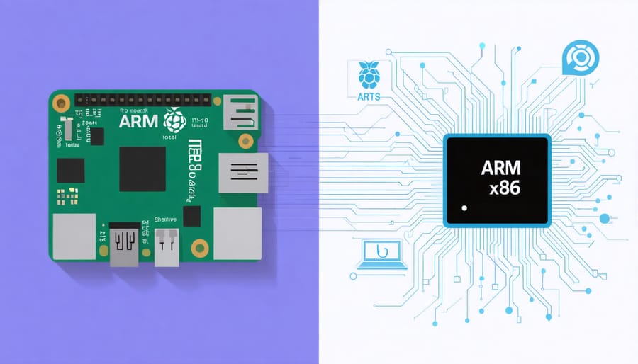 Conceptual illustration showing a Raspberry Pi with ARM and x86 processor symbols, highlighting the architectural differences and interactions between the two through symbolic circuit pathways.