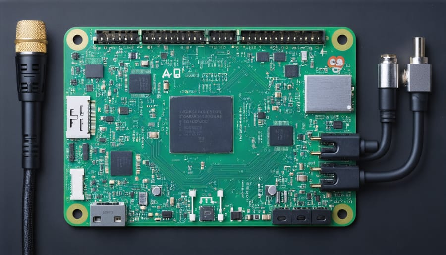 Assembled Raspberry Pi virtual assistant setup with labeled components including microphone and speakers