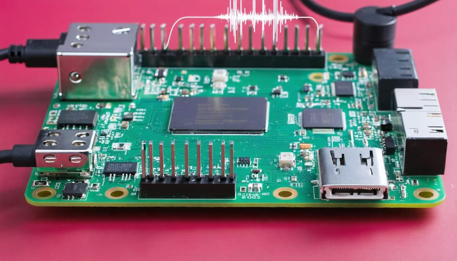 Raspberry Pi connected to ADC modules demonstrating digital waveform and data conversion process for high-quality audio recording.