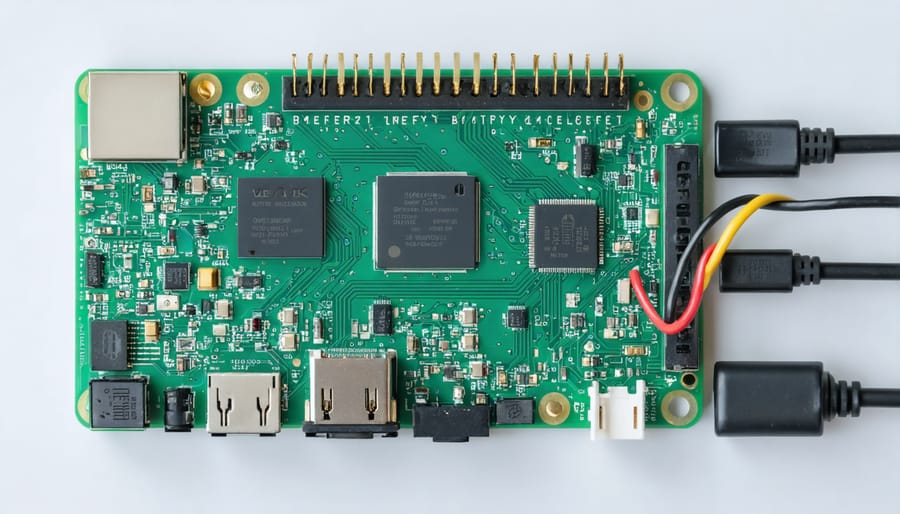 "Creative depiction of a Raspberry Pi-based battery management system with electronic components and a digital dashboard for monitoring."