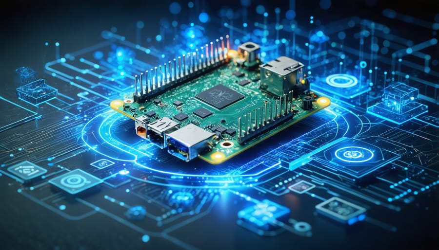 Illustration of a Raspberry Pi entangled with digital symbols representing memory, temperature, network, and storage challenges, highlighting its ability to handle complex edge cases.