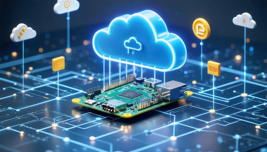 Conceptual illustration of a Raspberry Pi interconnected with a cloud network via data paths and IoT devices, showcasing key integration components like messaging queues and serverless functions.