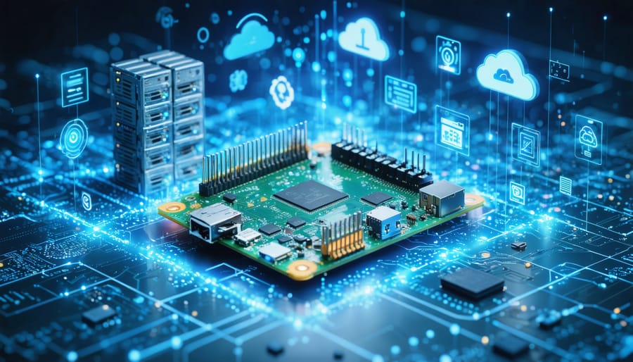 Illustration of a Raspberry Pi board amidst digital clouds and technological symbols, symbolizing its transformation into a powerful cloud server.