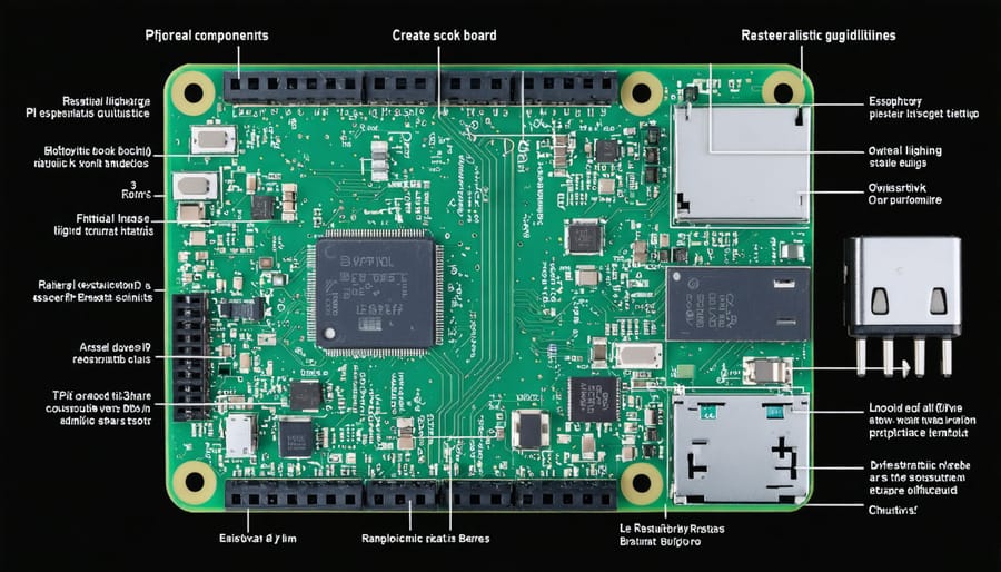 Labeled diagram showing Raspberry Pi board and key components for home automation